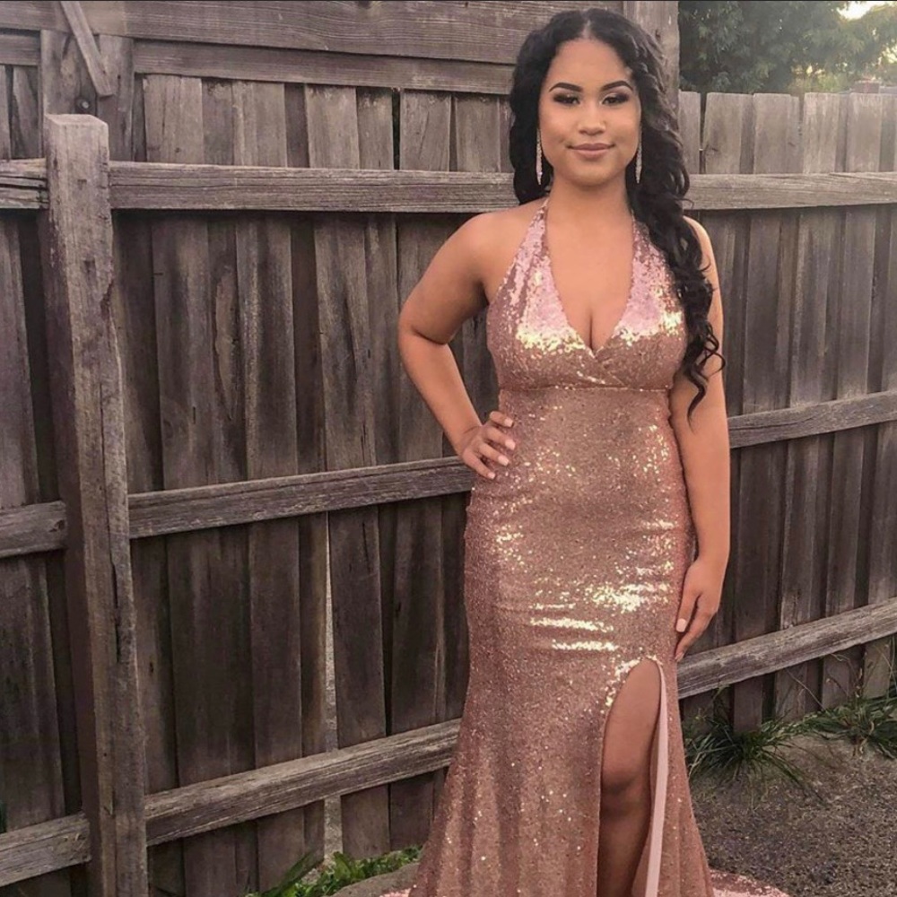 rose gold sequin prom dress